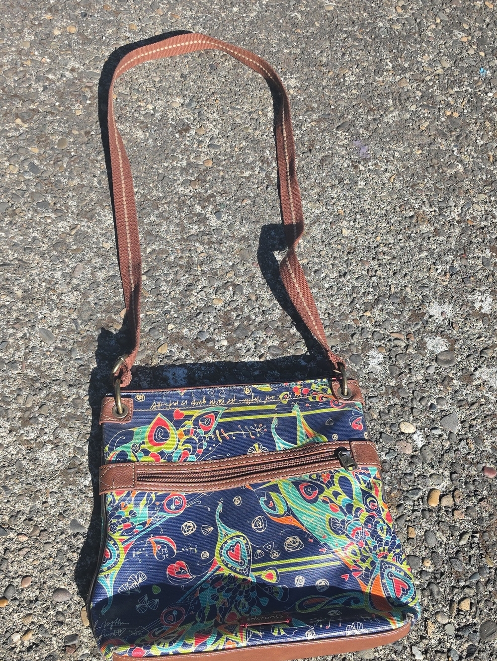 Sakroots Navy Multicolor Peacock Crossbody with Brown Trim